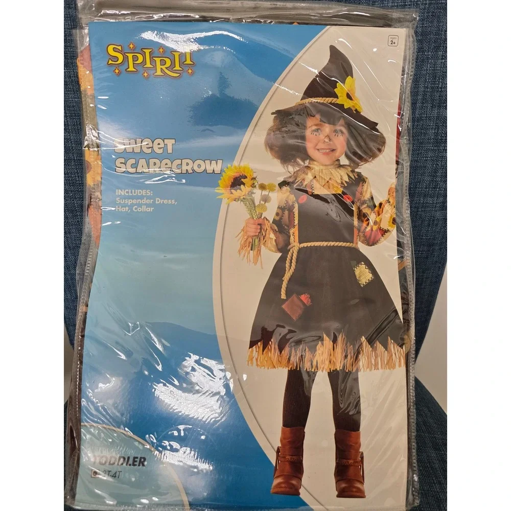 Spirit Halloween Sweet Scarecrow Toddler Costume 3T-4T Dress Hat Collar 967074